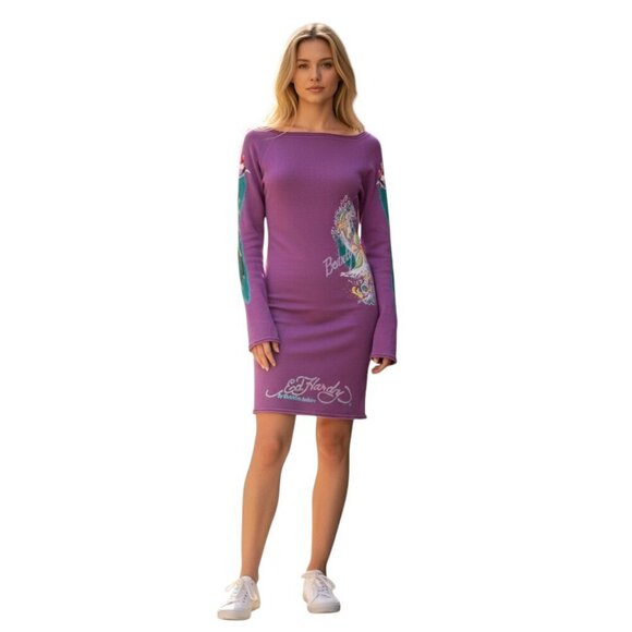 Ed Hardy Dresses & Skirts - Ed Hardy Sweater Dress Beauty Graphic Print Rhinestone Purple Long Sleeves M EUC